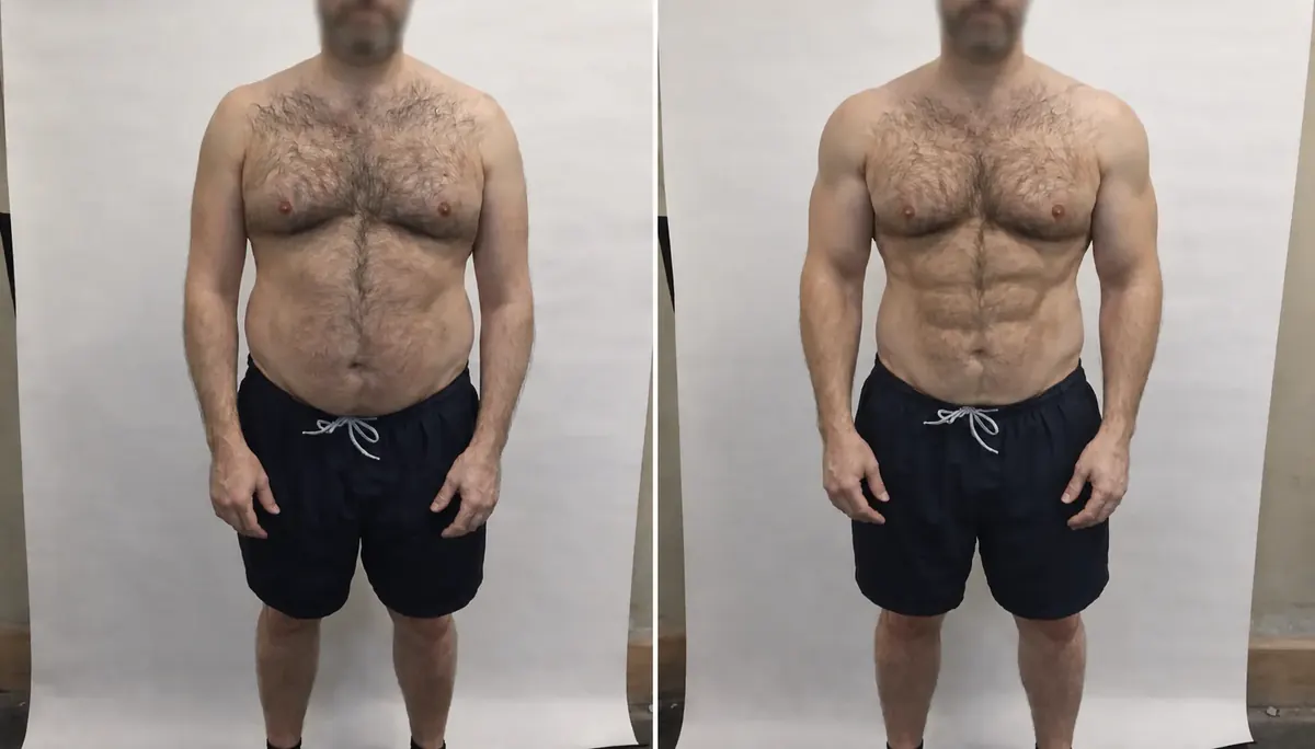 Tempo client long-term body-composition transformation shown in two photographs