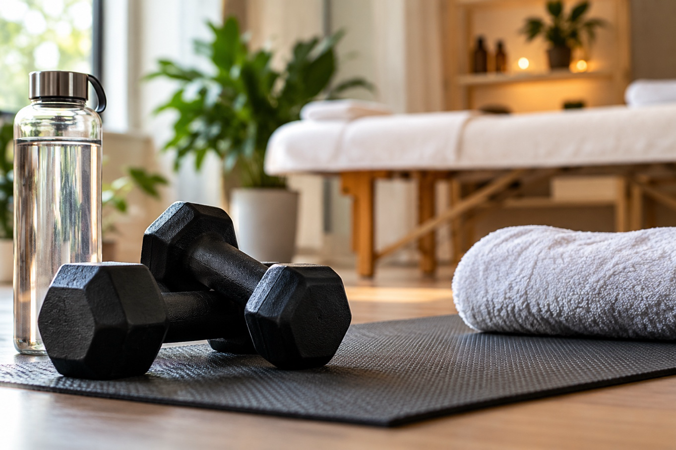 Dumbbells, a water bottle and a rolled towel beside a massage treatment bed