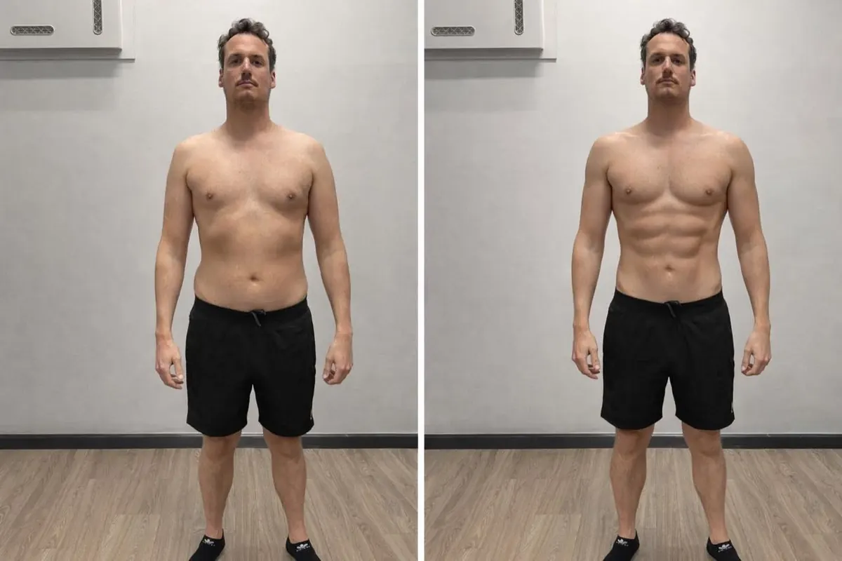 Tempo client body-composition transformation shown in two photographs