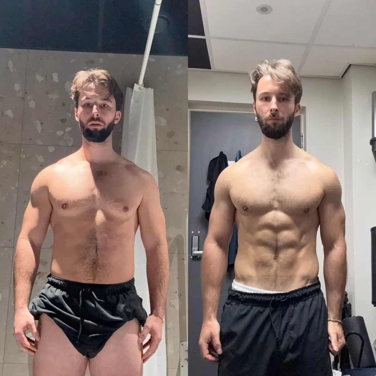 Tempo client muscle and physique transformation shown in two photographs